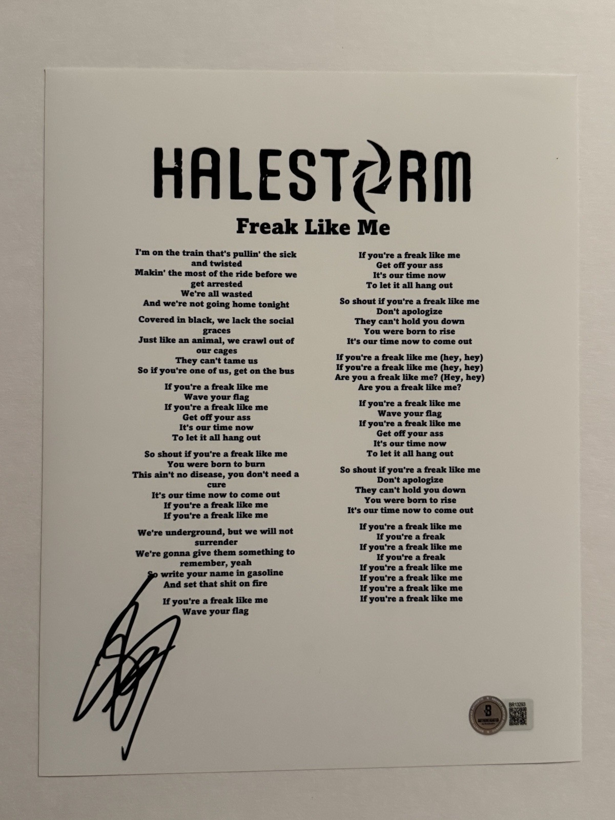 LZZY HALE SIGNED LYRIC SHEET AUTOGRAPHED HALESTORM BAND LEAD SINGER BAS COA