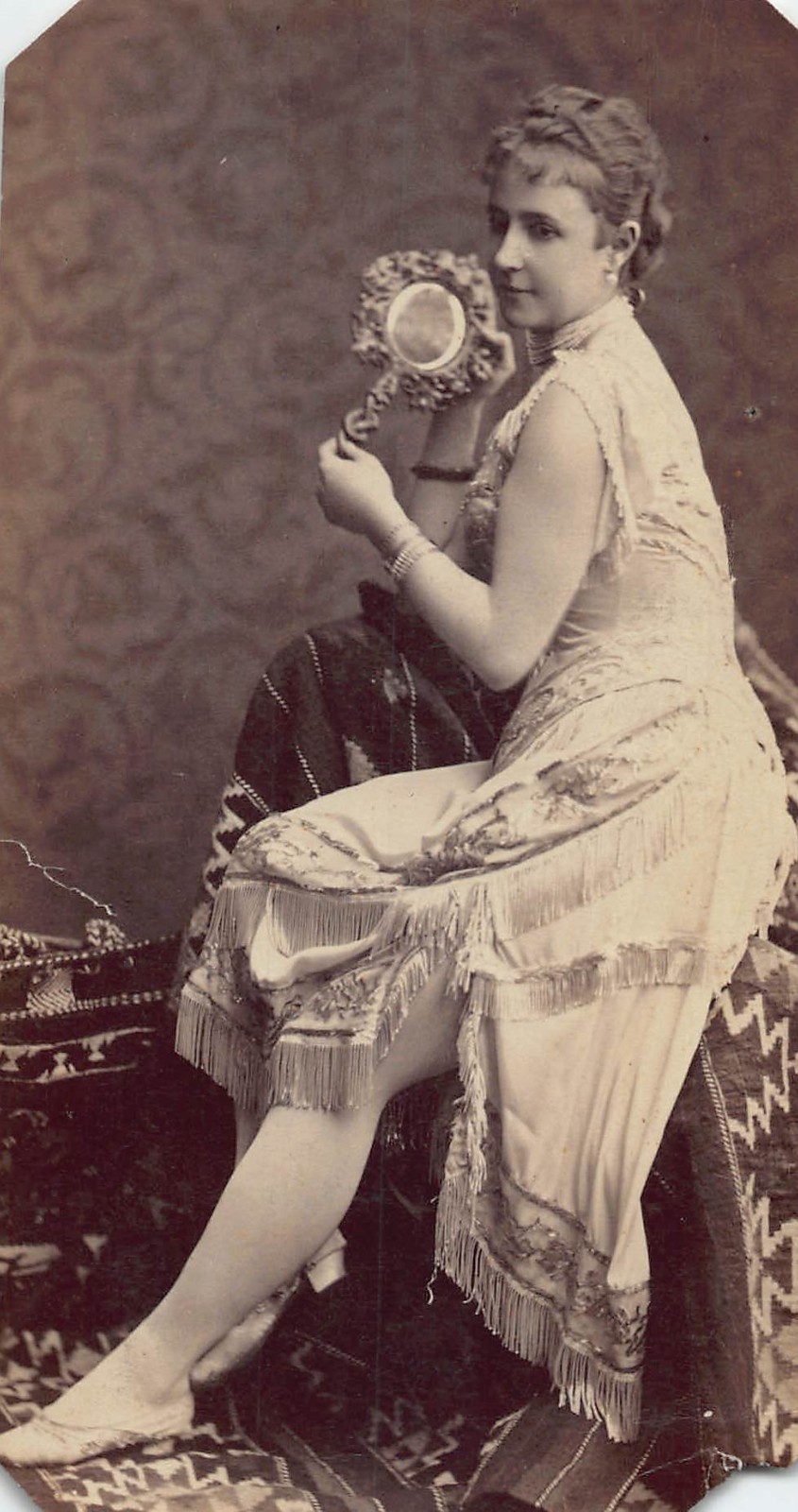 Blonde Woman Actress 1880s Portrait Photo Fringe Shoulderless Dress Mirror