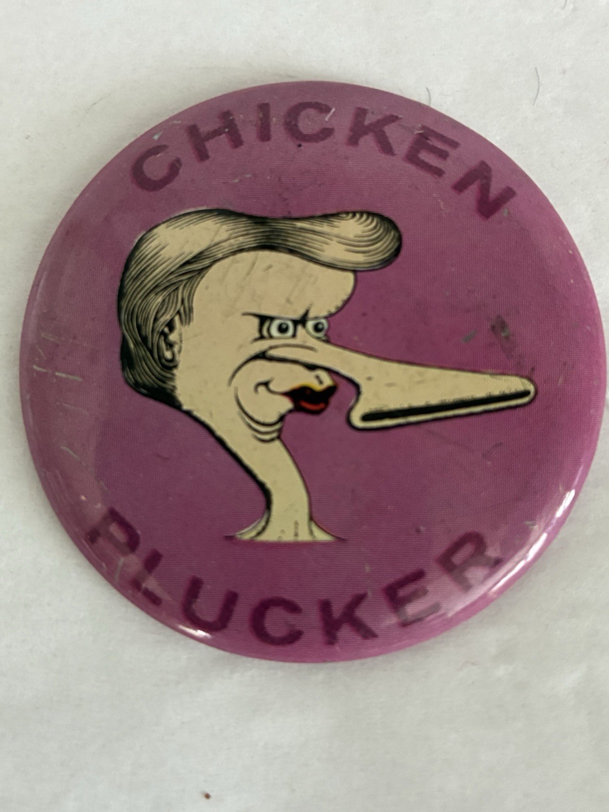 Vintage Basil Wolverton Chicken Plucker Button Pin -  Pink Humor