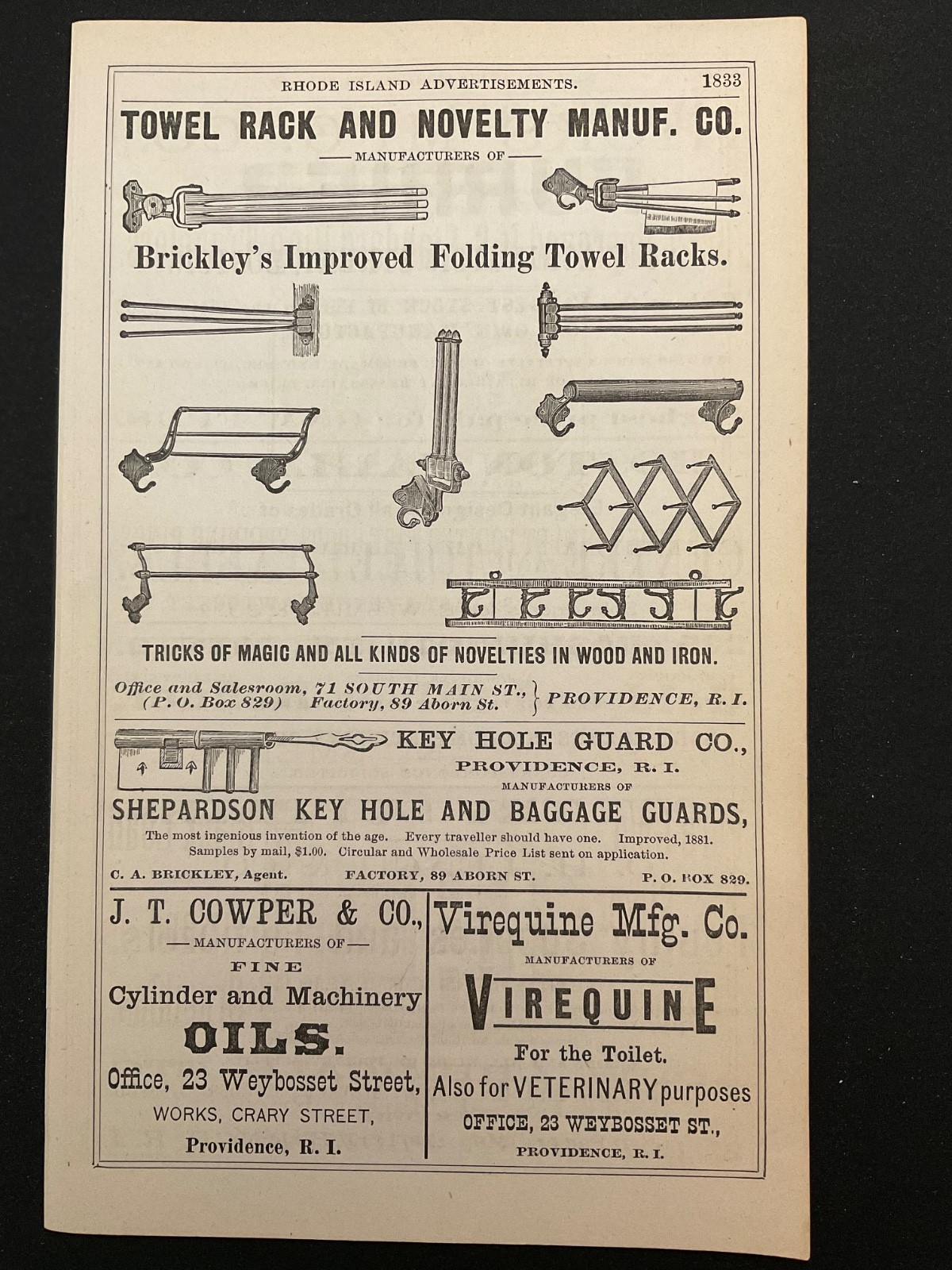1883 Antique Ad Page Towel Rack and Novelty Wood & Iron, Virequine, Kakas Fur MA