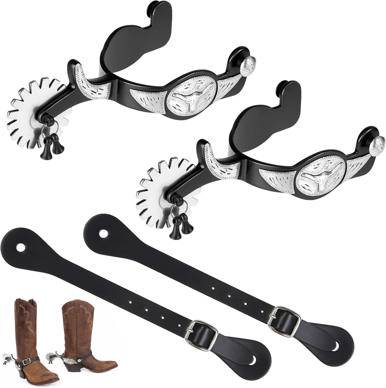 2 Pack Western Cowboy Spurs Paired with 2 Pcs 6 Holes Belt for Boot, English Hor
