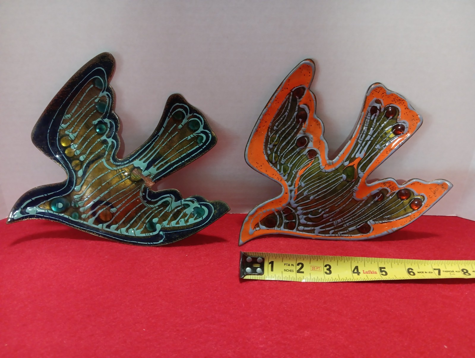 Pair of Curtis Jere Mid Century Copper Enamel Dove sculptures MCM RARE Orange