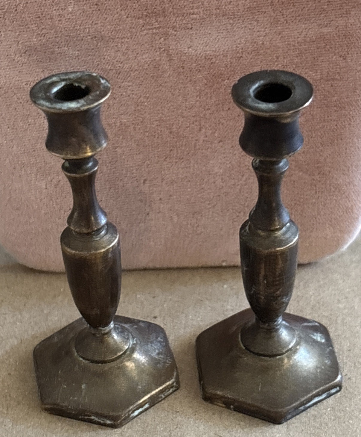 VTG Mini Brass Candlestick Holders Pair 3” Octagon Base Baluster India chime