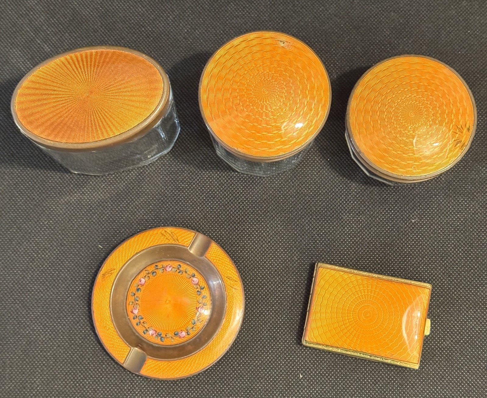 Beautiful Antique Orange Guilloche Dressing Table Jars X3 with Ashtray & Compact