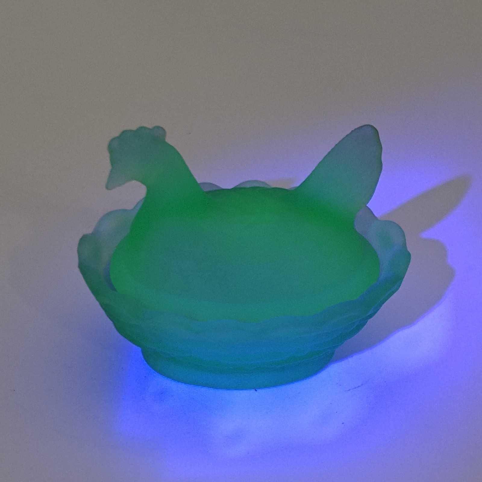 Boyd Pale Blue Uranium Satin Glass Mini Hen on Nest Salt Cellar Glows 2.5 Boyd Pale Blue Uranium Satin Glass Mini Hen on Nest Salt Cellar Glows 2.5