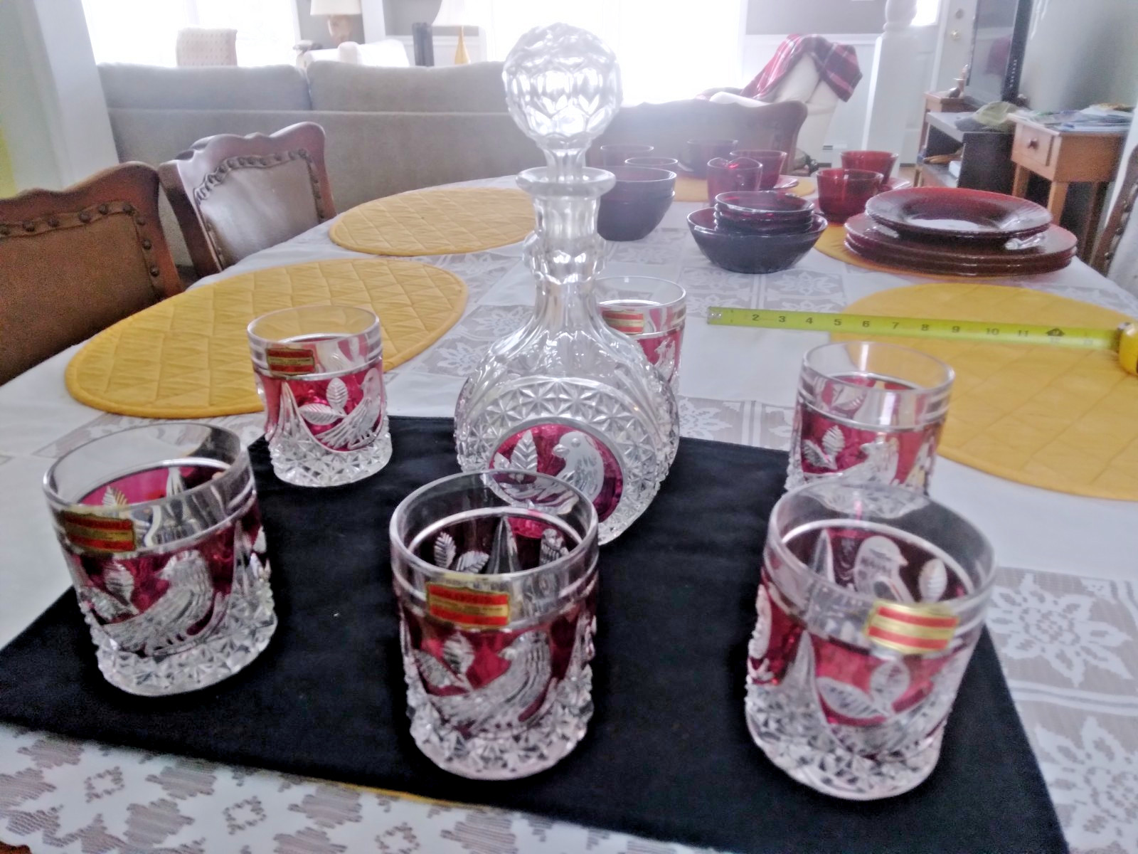 Very Nice Vtg Bleikristall Cut to Clear Cranberry Peace Dove Rocks Set New Cond.