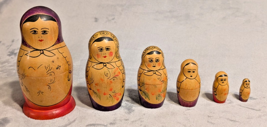 Vintage 1966 Russian Matryoshka Nesting Dolls Set of 6 Wooden Hand Painted 7.25