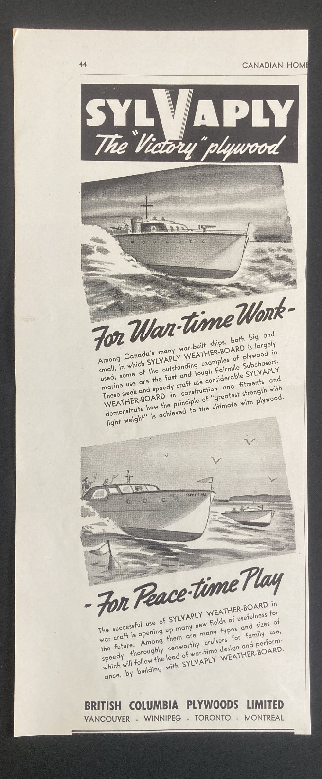 1941 CANADA WWII CANADIAN AD BRITISH COLUMBIA PLYWOOD VANCOUVER SYLVAPLY
