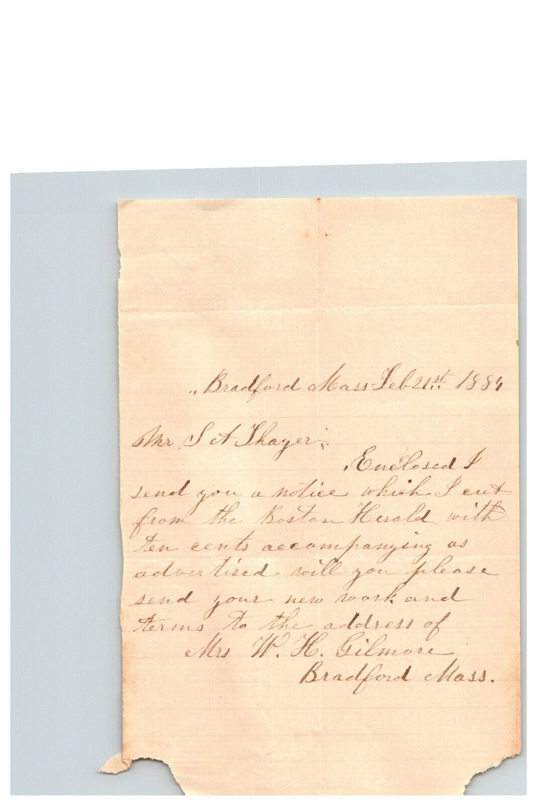 1884 Handwritten Letter Mrs W H Gilmore Bradford Massachusetts Family History