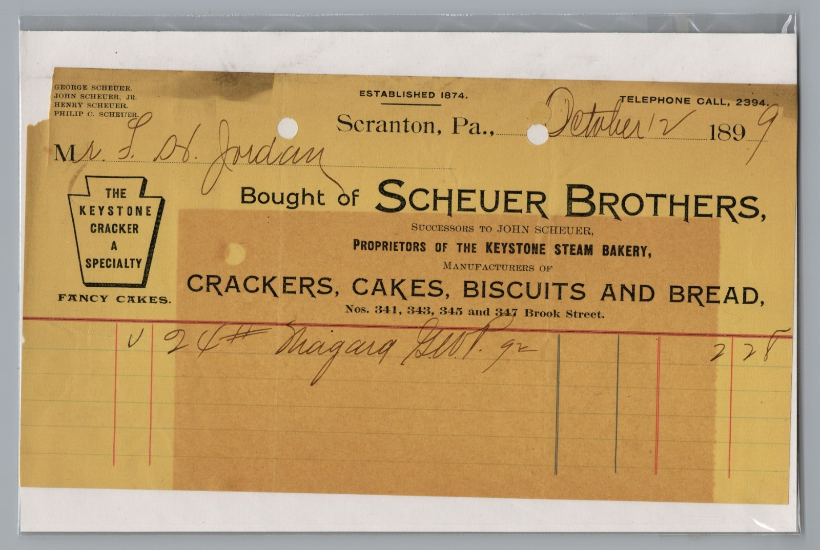 1899 Billhead Scheuer Brothers Biscuits, Crackers, Scranton, PA 1899 Billhead Scheuer Brothers Biscuits, Crackers, Scranton, PA
