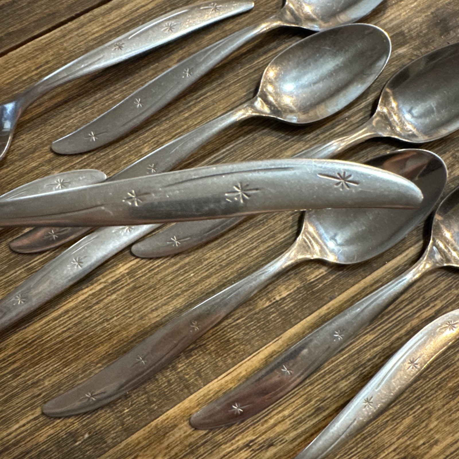 Superior Stainless Flatware Atomic Starburst 3 Stars MCM USA Teaspoons Lot Of 10