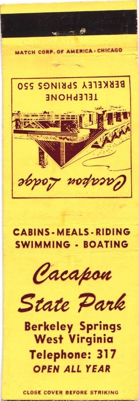 Cacapon State Park Berkeley Springs WV Vintage Matchbook Cover 1940s-60s Cacapon State Park Berkeley Springs WV Vintage Matchbook Cover 1940s-60s