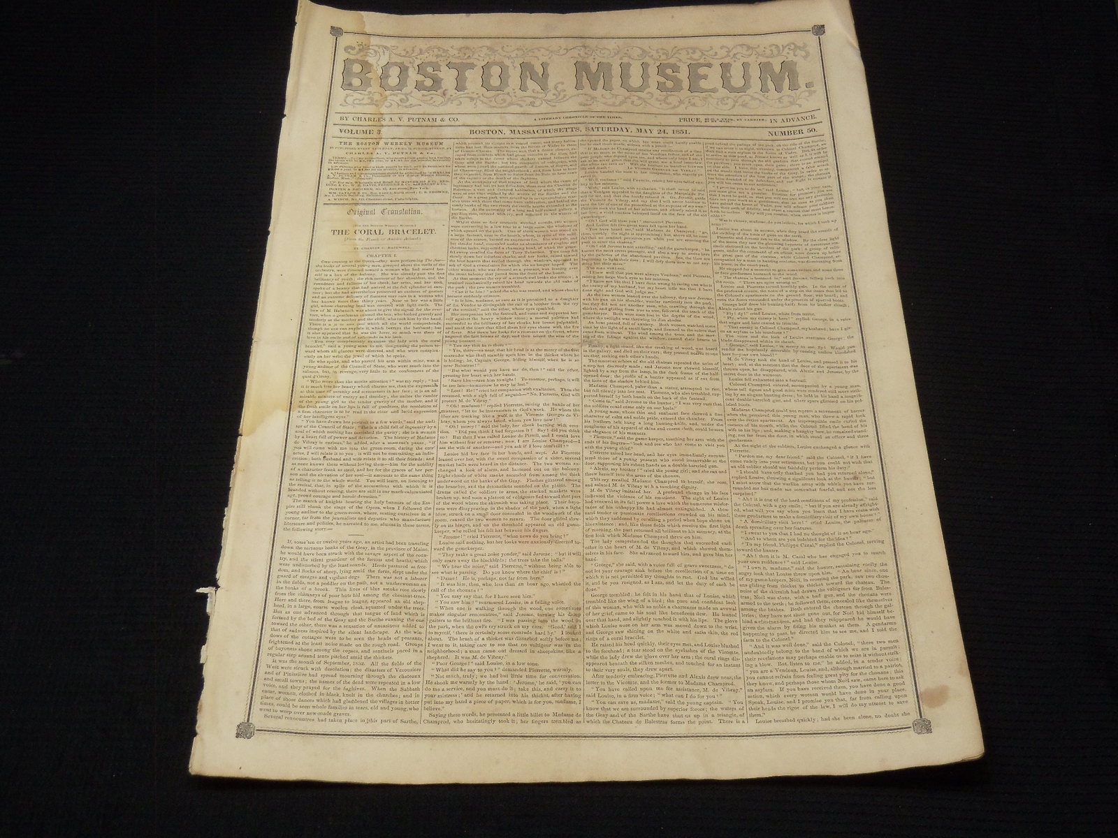 1851 MAY 24 BOSTON MUSEUM NEWSPAPER - SAMUEL THURSTON - LYNCHING - NP 9023