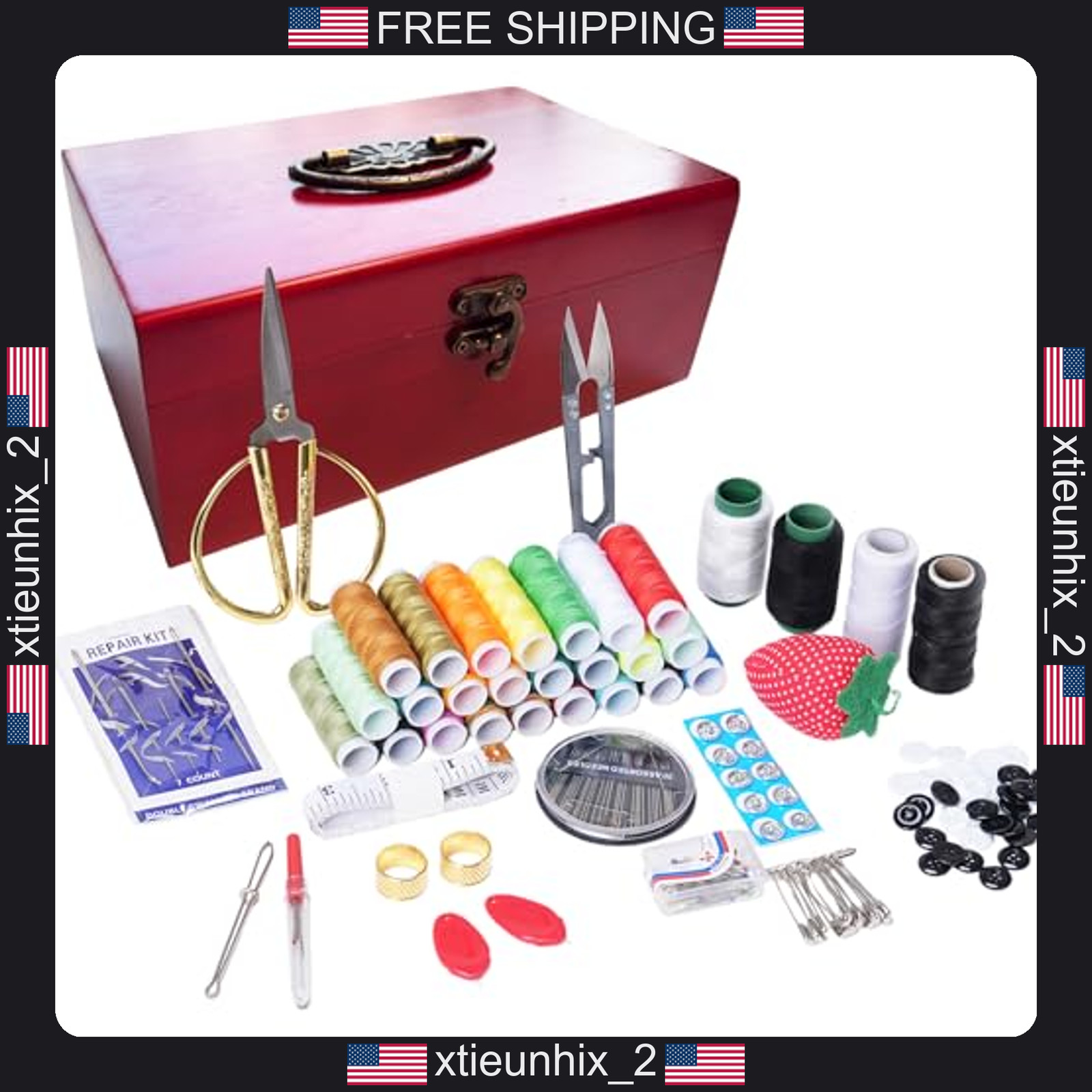 Wooden Sewing Kit Box with Needles, Pins, Buttons & Accessories