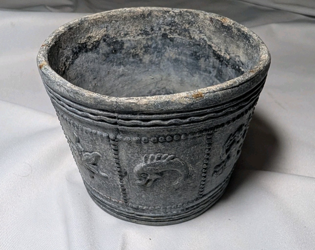 Antique Cast Lead Cup Mortar Jar Mythical Creatures Animals Heavy  4\