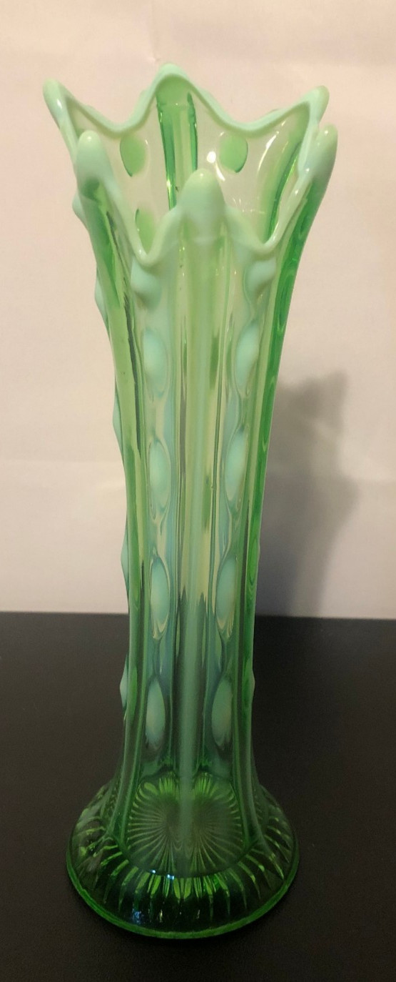 RARE Antique Dugan Glass Opalescent Green Target Swung Glass Vase No. 1026