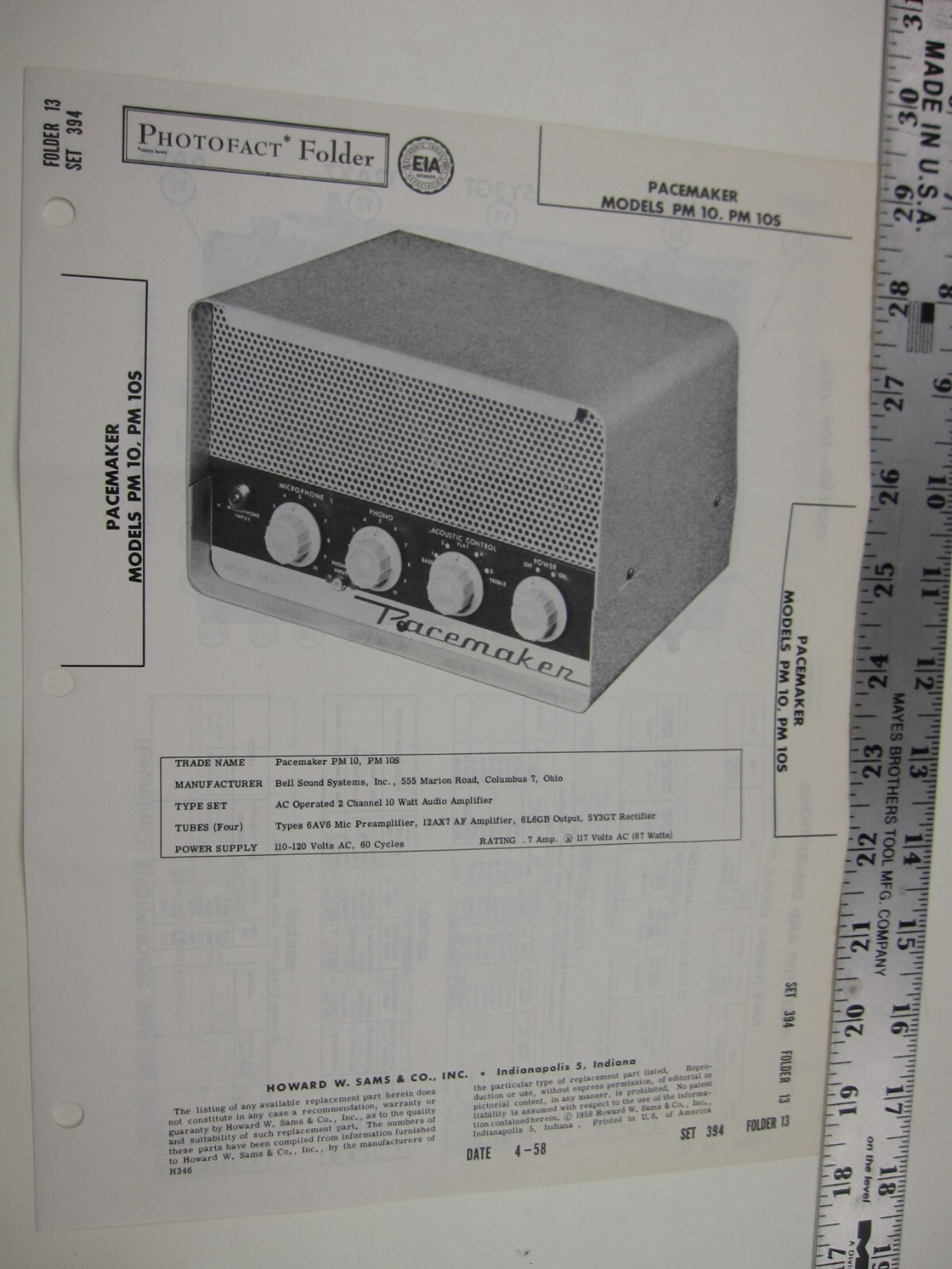 1950's Sams Photofact PACEMAKER Model PM 10, PM 105 BIS 1950's Sams Photofact PACEMAKER Model PM 10, PM 105 BIS