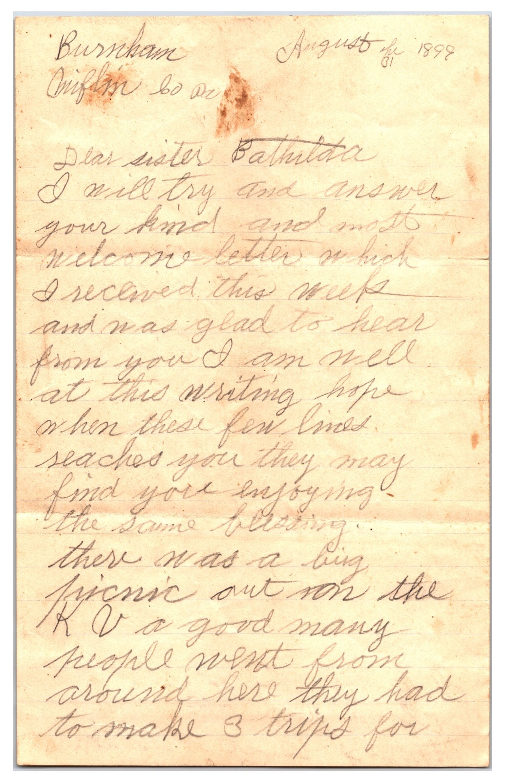 Vintage 1899 Handwritten Letter Between Friends 2 Pages ( From Pennsylvania )