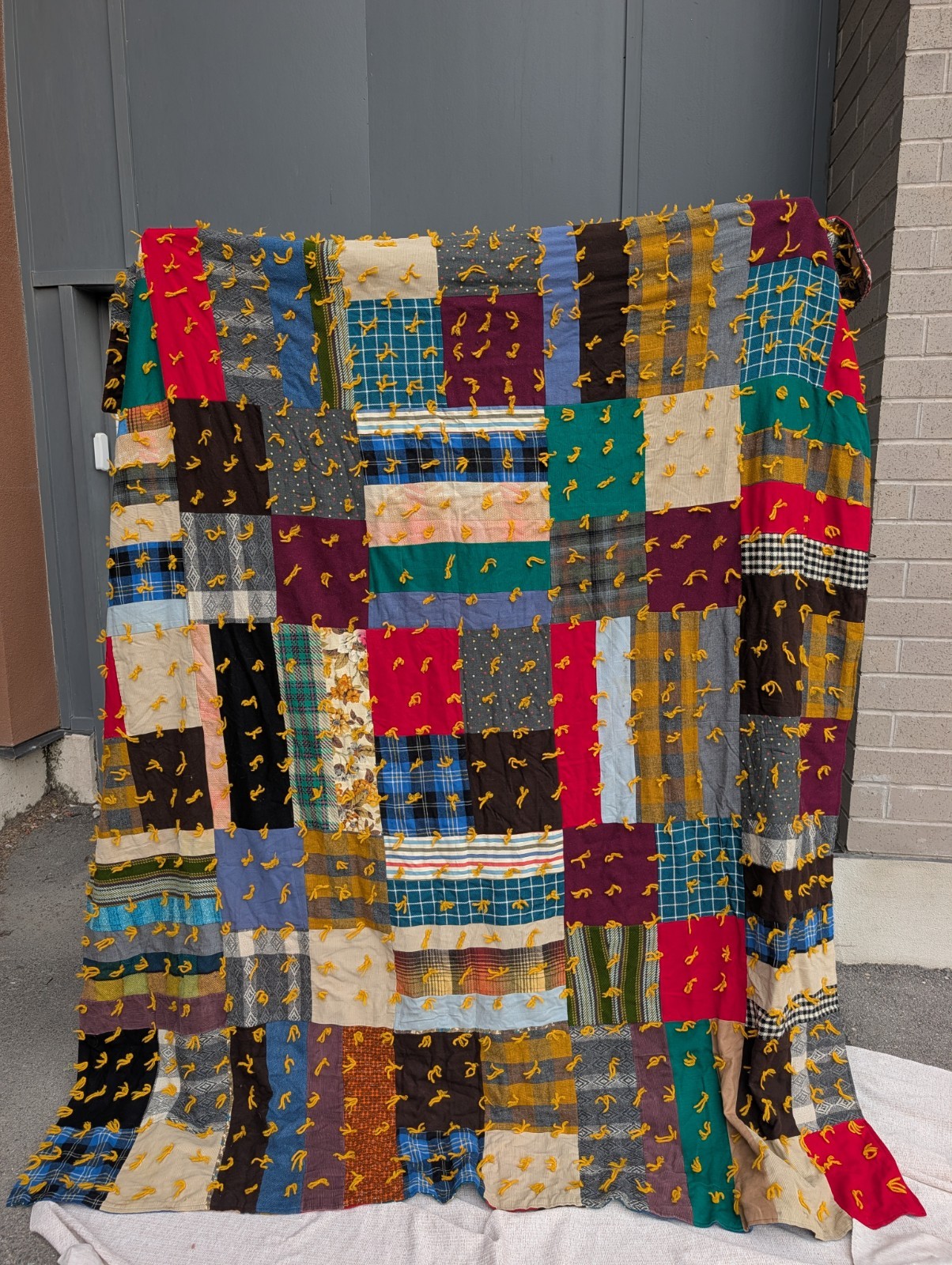 Vintage Hand Tied Scrap Patchwork Quilt 94x82 Feedsack Wool Folk Art Reversible