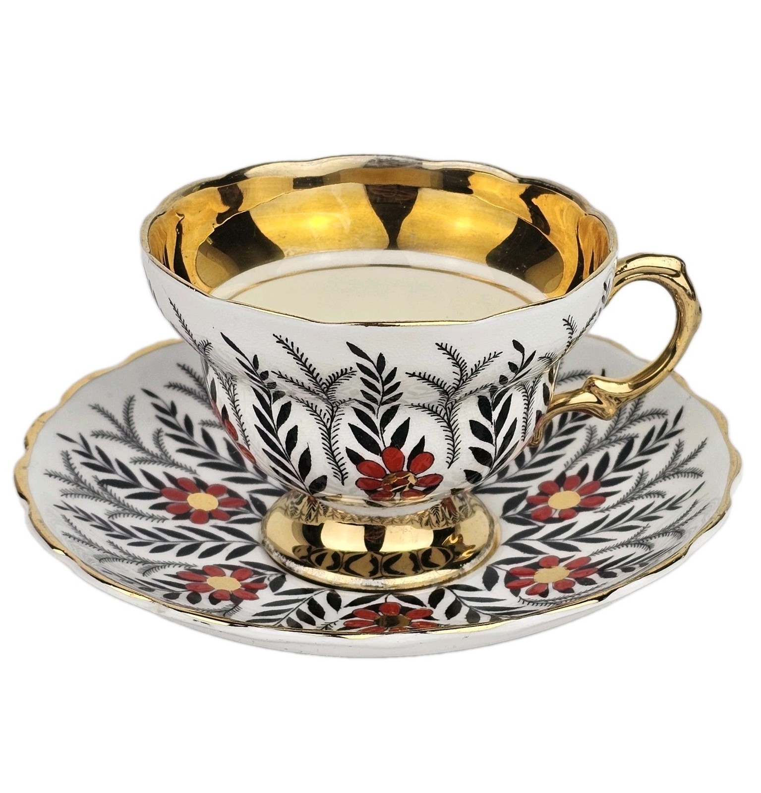 Vintage ROSINA England Red & Gold Flower Pattern #5197 Set Cup & Saucer