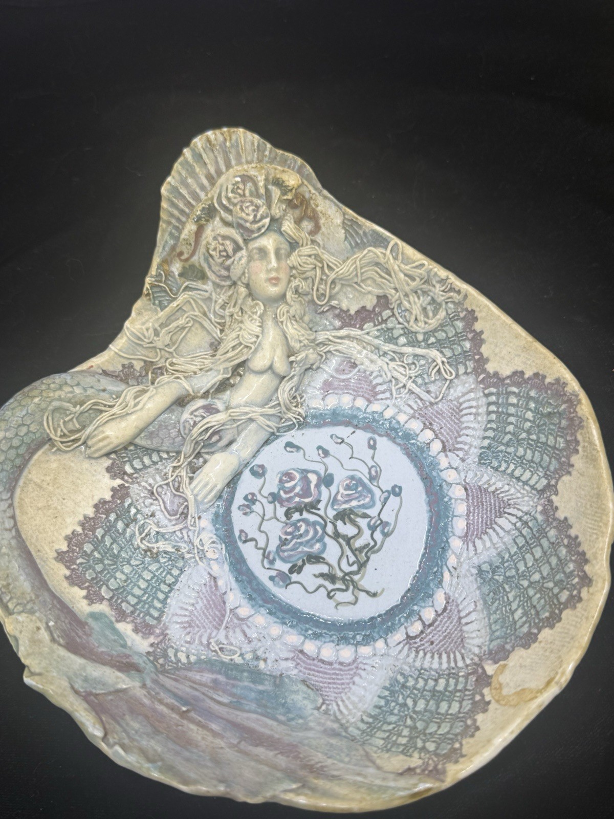 Vintage  Mermaid Clay & Lace Decoupage Clam Shell Trinket Dish Ring Holder