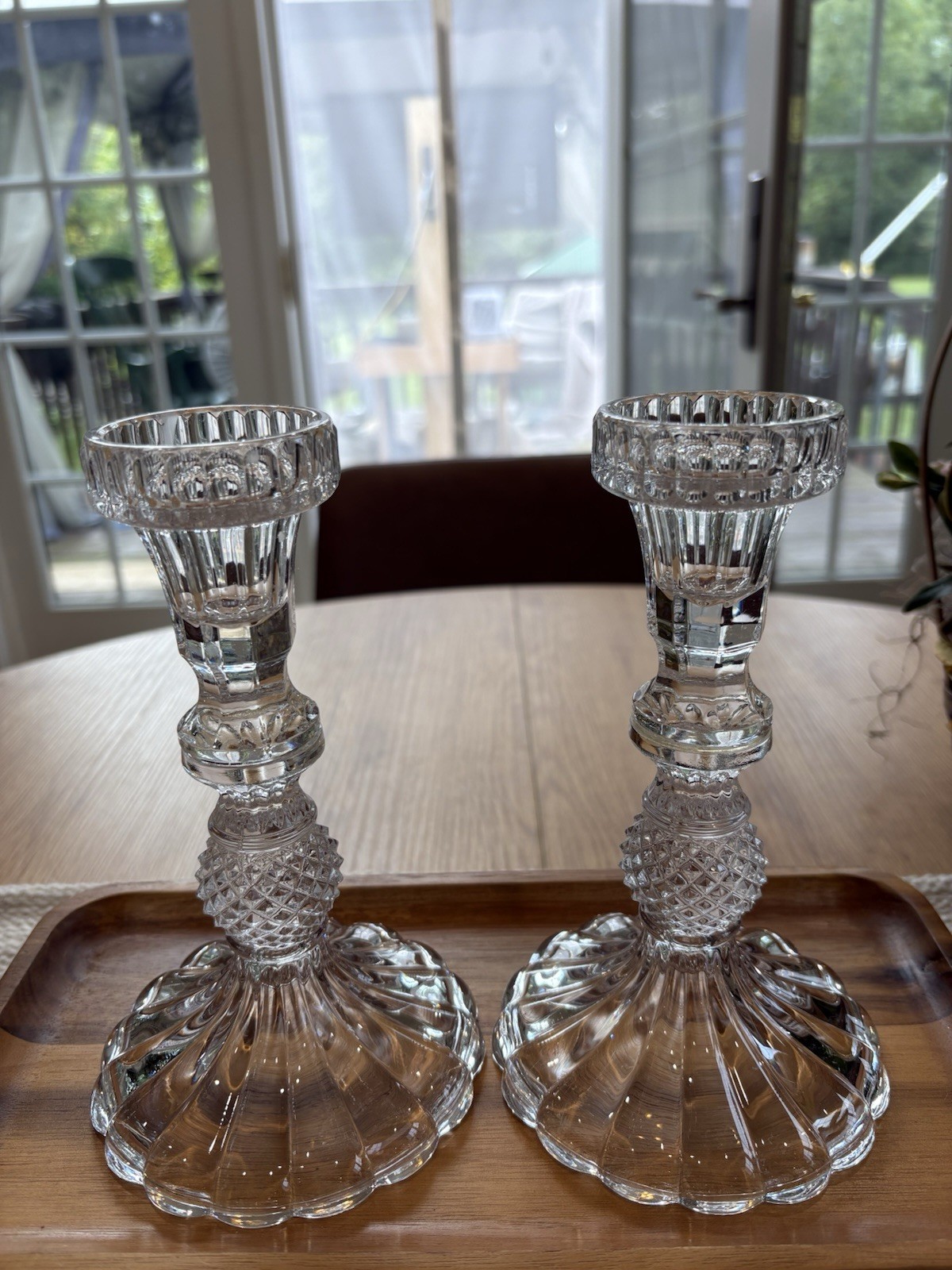 Vintage Clear Pressed Glass Pineapple Candlestick Holders Pair 7.5”