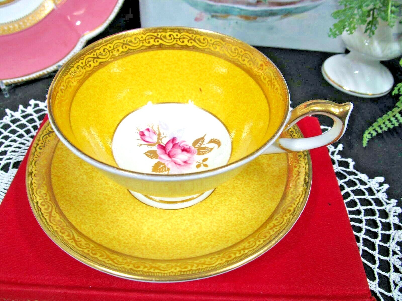 AYNSLEY tea cup and saucer Athens pink rose yellow teacup England 1940s set 
