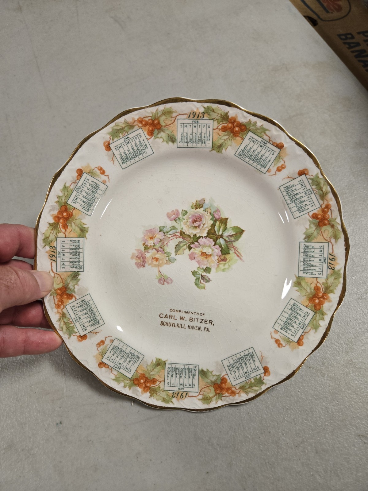 Vintage 1913 Schuylkill Haven PA Advertising Carl Bitzer Store Calendar Plate