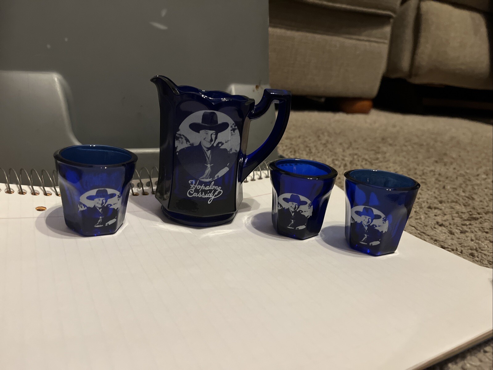 Hopalong Cassidy 4 Inch Cobalt Blue Pitcher And Three Shot Glasses