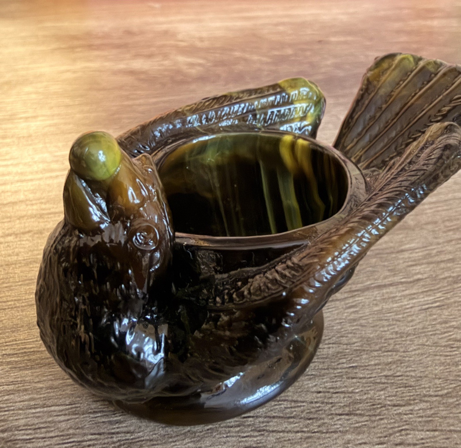 Degenhart Vintage Bird With Berry Open Salt Cellar  (Black)Yellow/Gray slag