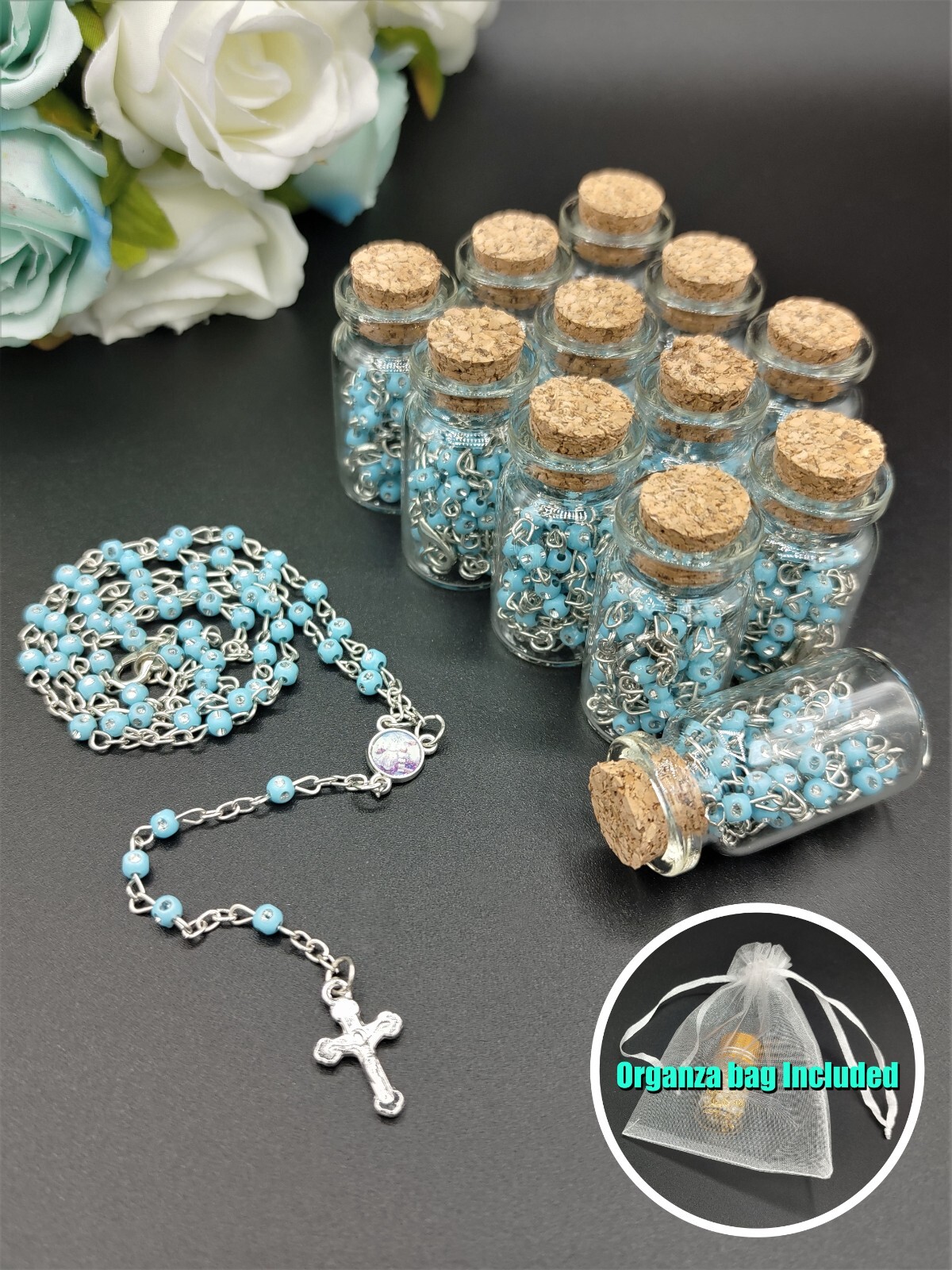 12pcs Baptism Favor Holy Communion Rosary in Glass Bottle Recuerdos De Bautizo