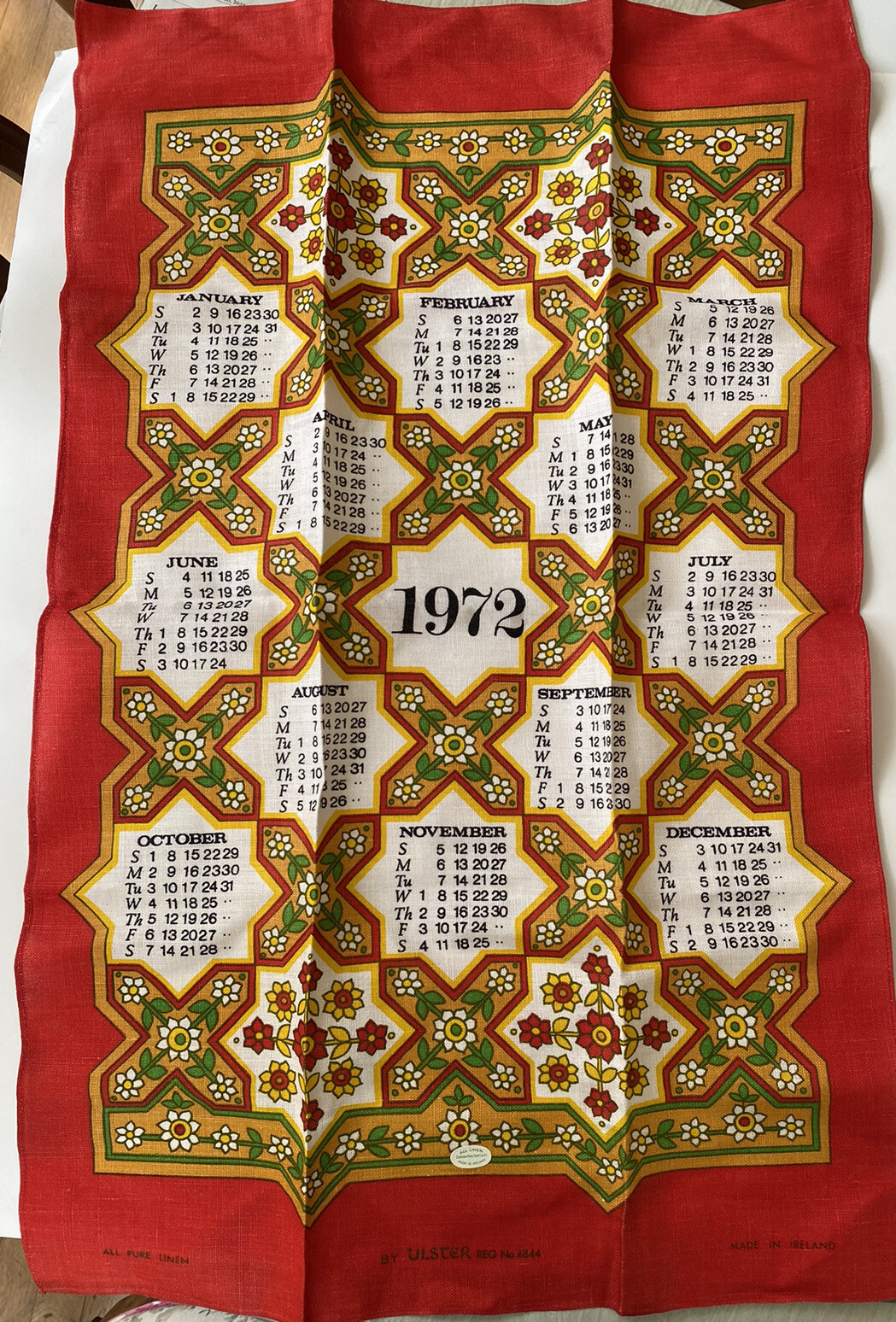 RARE Unusual Calendar 1972 Vintage Kitchen Towel Ireland Linen NWT