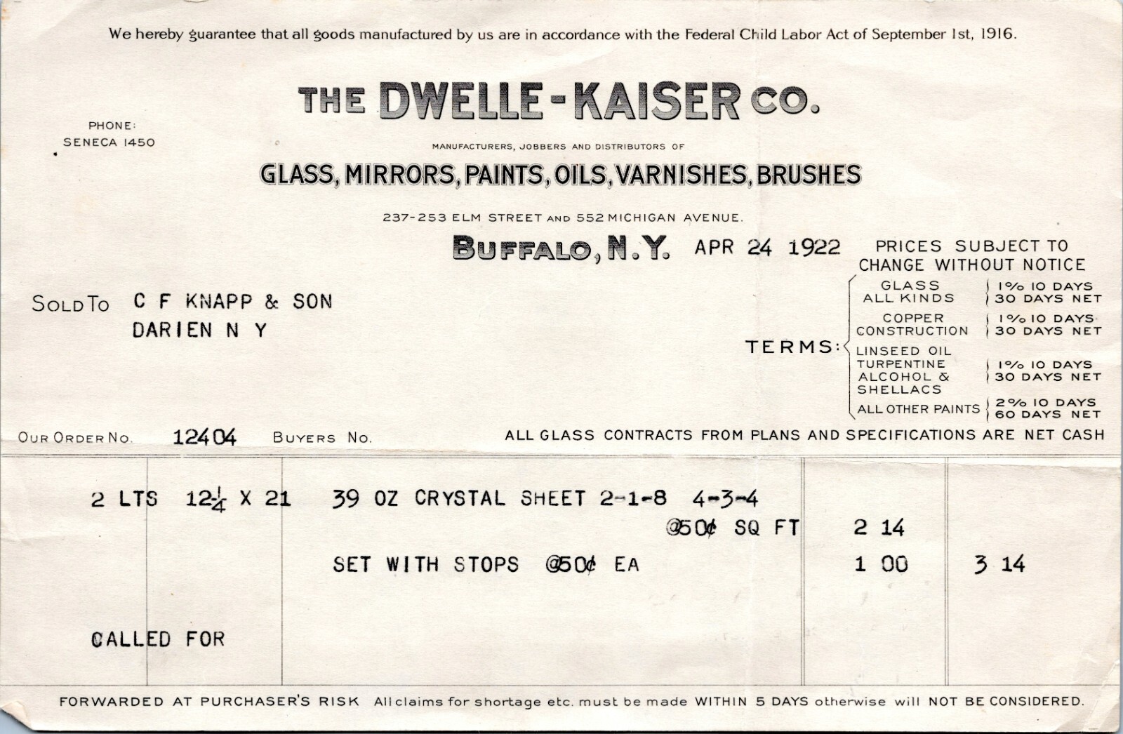 1922 Billhead - Dwelle-Kaiser Co, Buffalo, NY - Glass, Mirrors, Paints, Oils