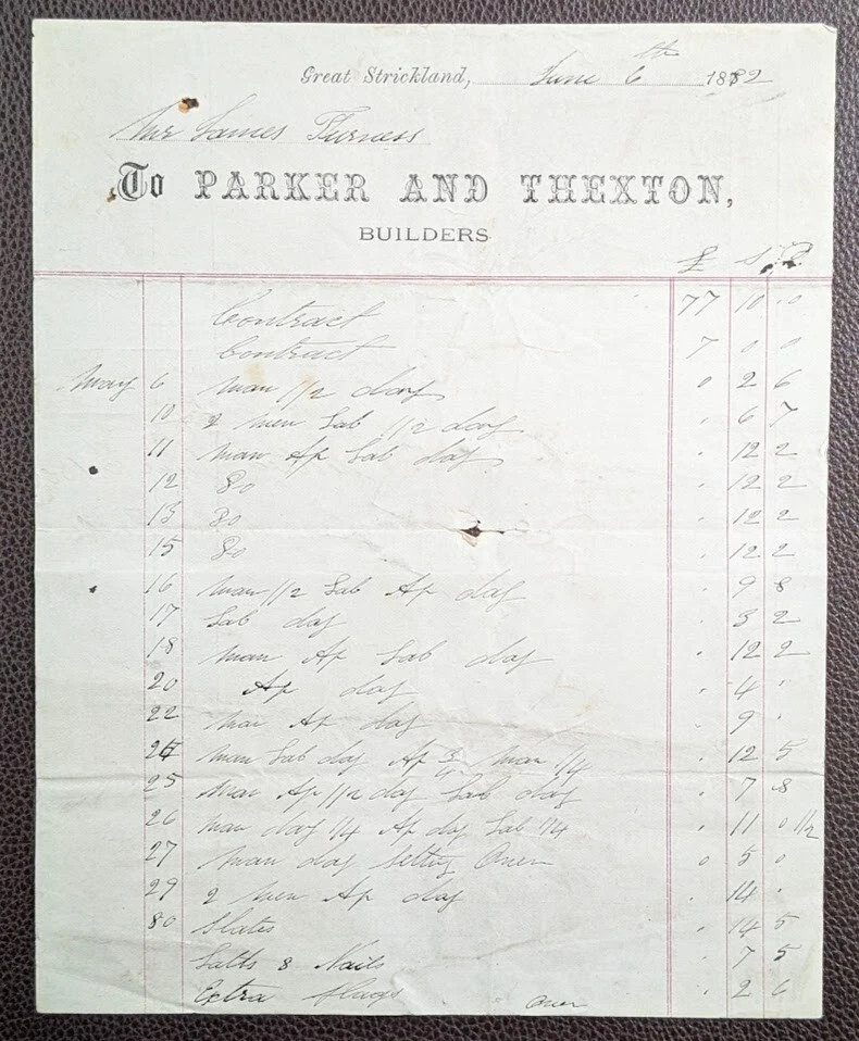 1882 Parker & Thexton Builders Great Strickland Construction Invoice
