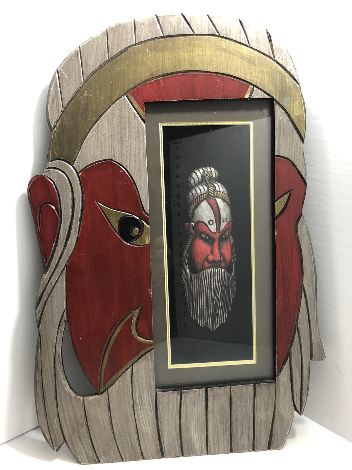 Chinese Opera Mask with Wooden Shadow Box Display
