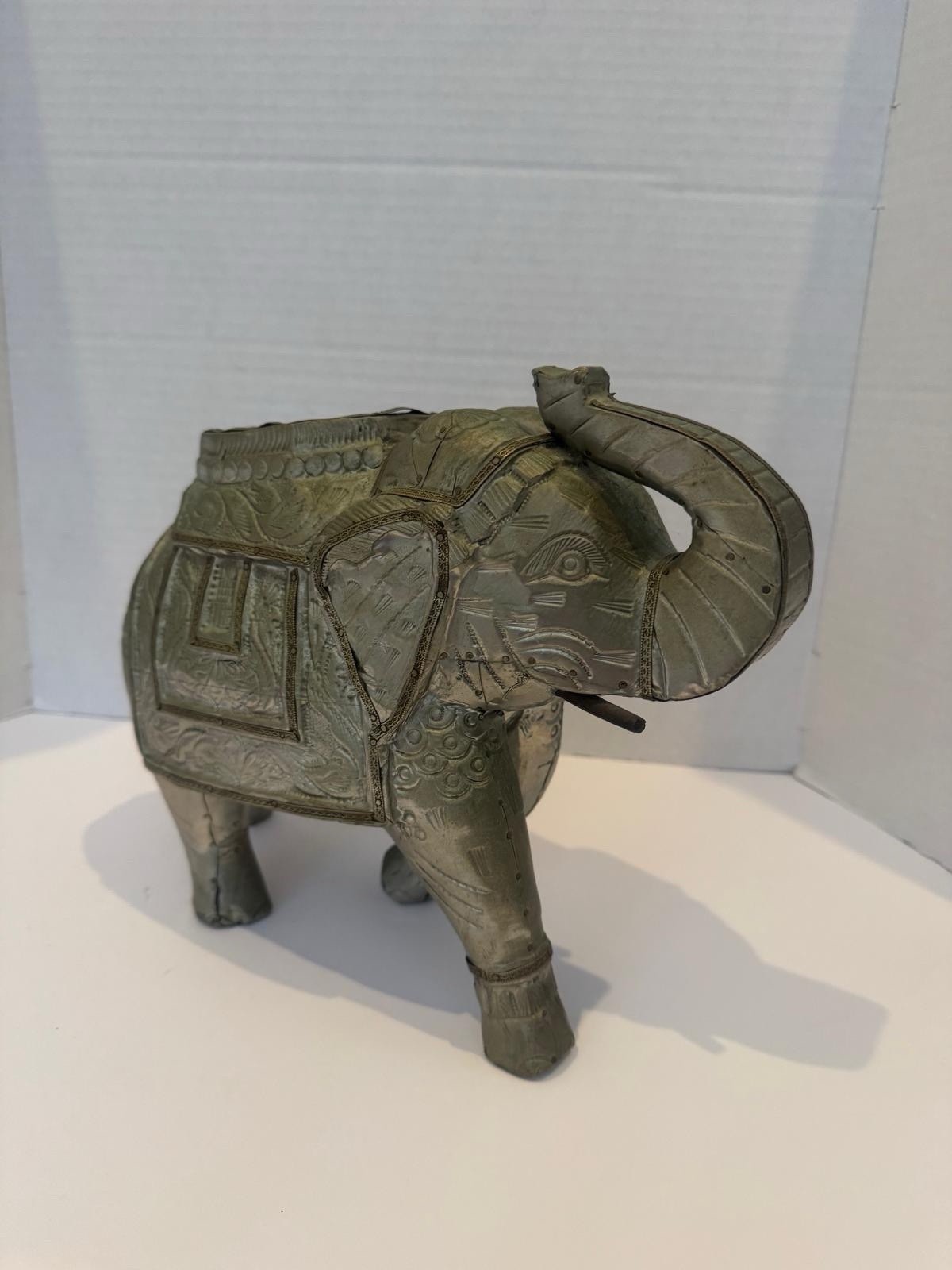 Vintage Metal‑Wrapped Wooden Elephant Sculpture — Handcrafted Etched 
