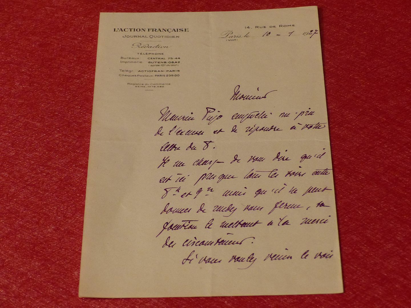 Signed Letter Autographed Maurice Tissier De MalleraIs 1927 Action Française