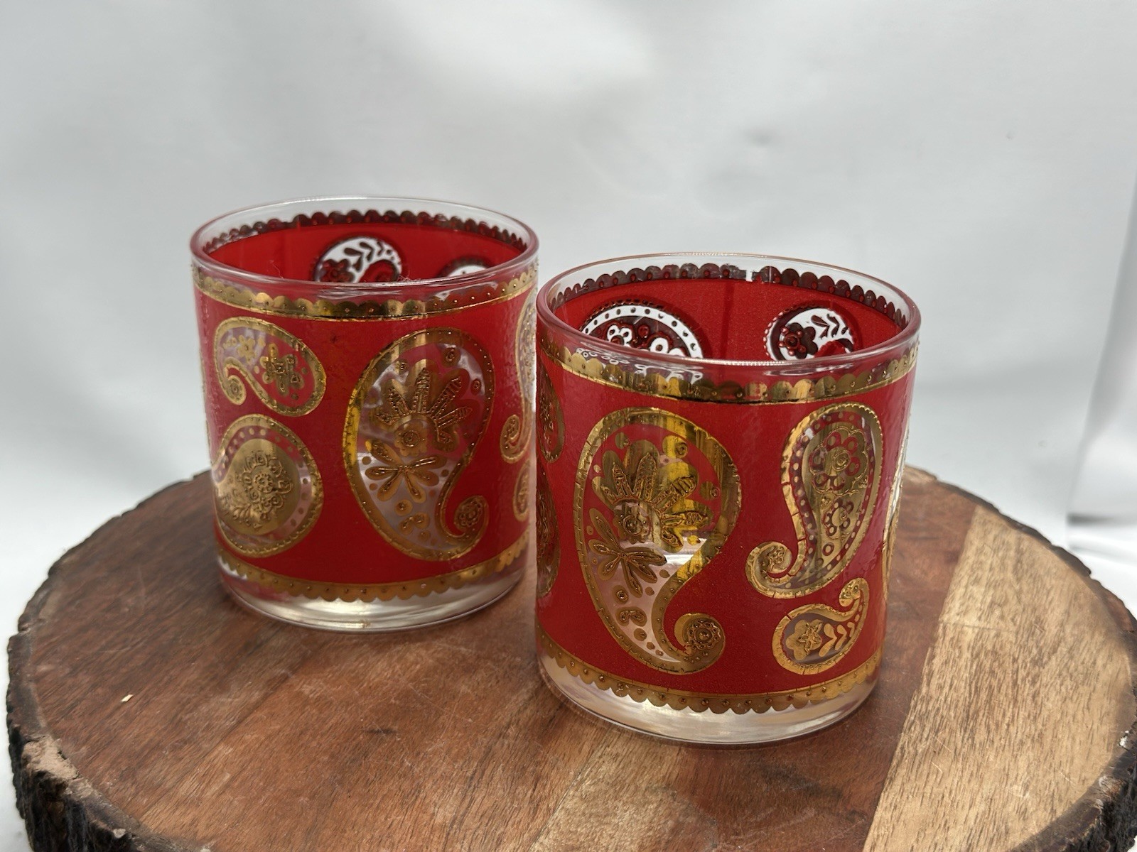 Culver Red Gold Paisley Whiskey Lowball Set Of 2 Hollywood Regency