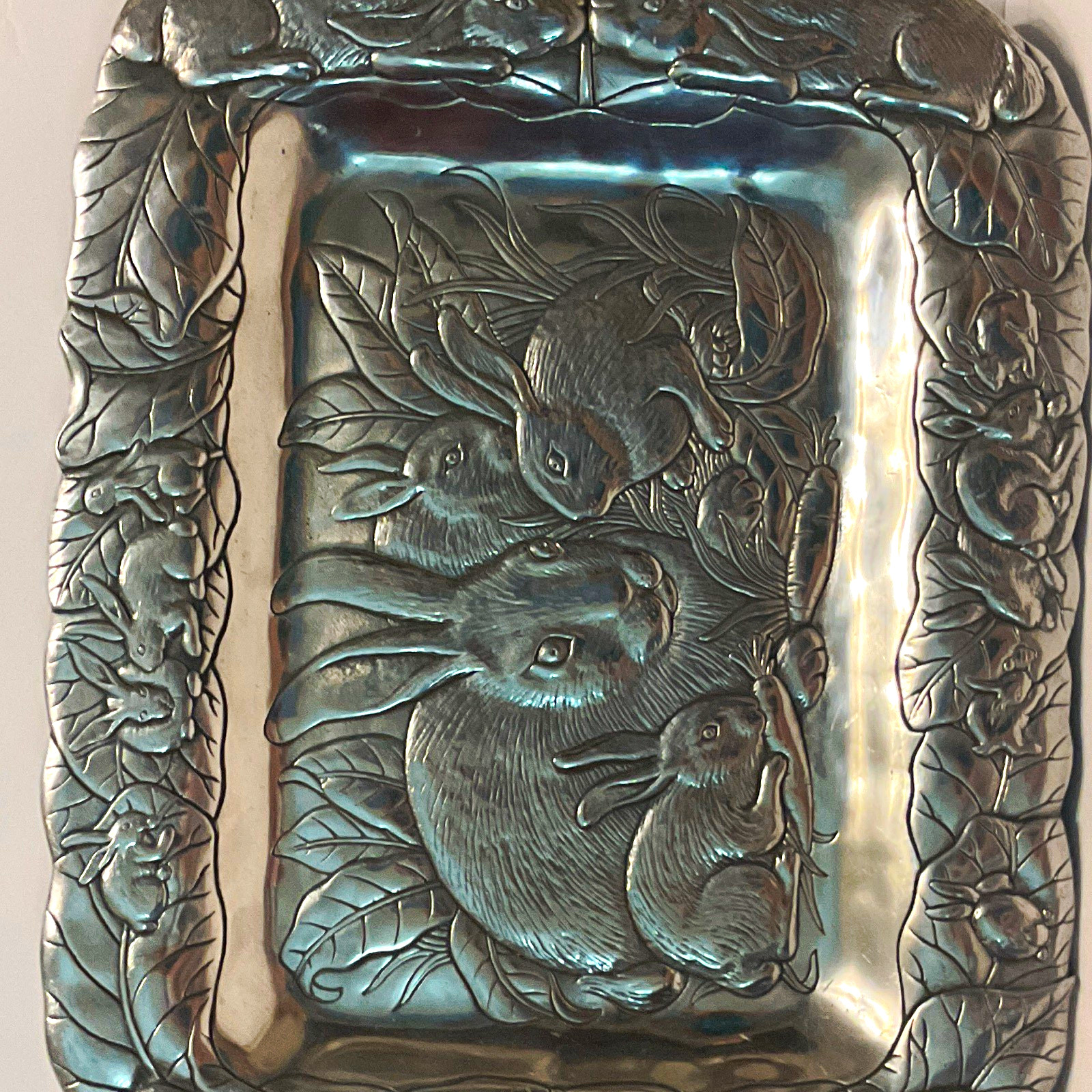 Vintage 1990 Arthur Court Bunny Rabbit Large Rectangular Aluminum Serving Tray / Vintage 1990 Arthur Court Bunny Rabbit Large Rectangular Aluminum Serving Tray /