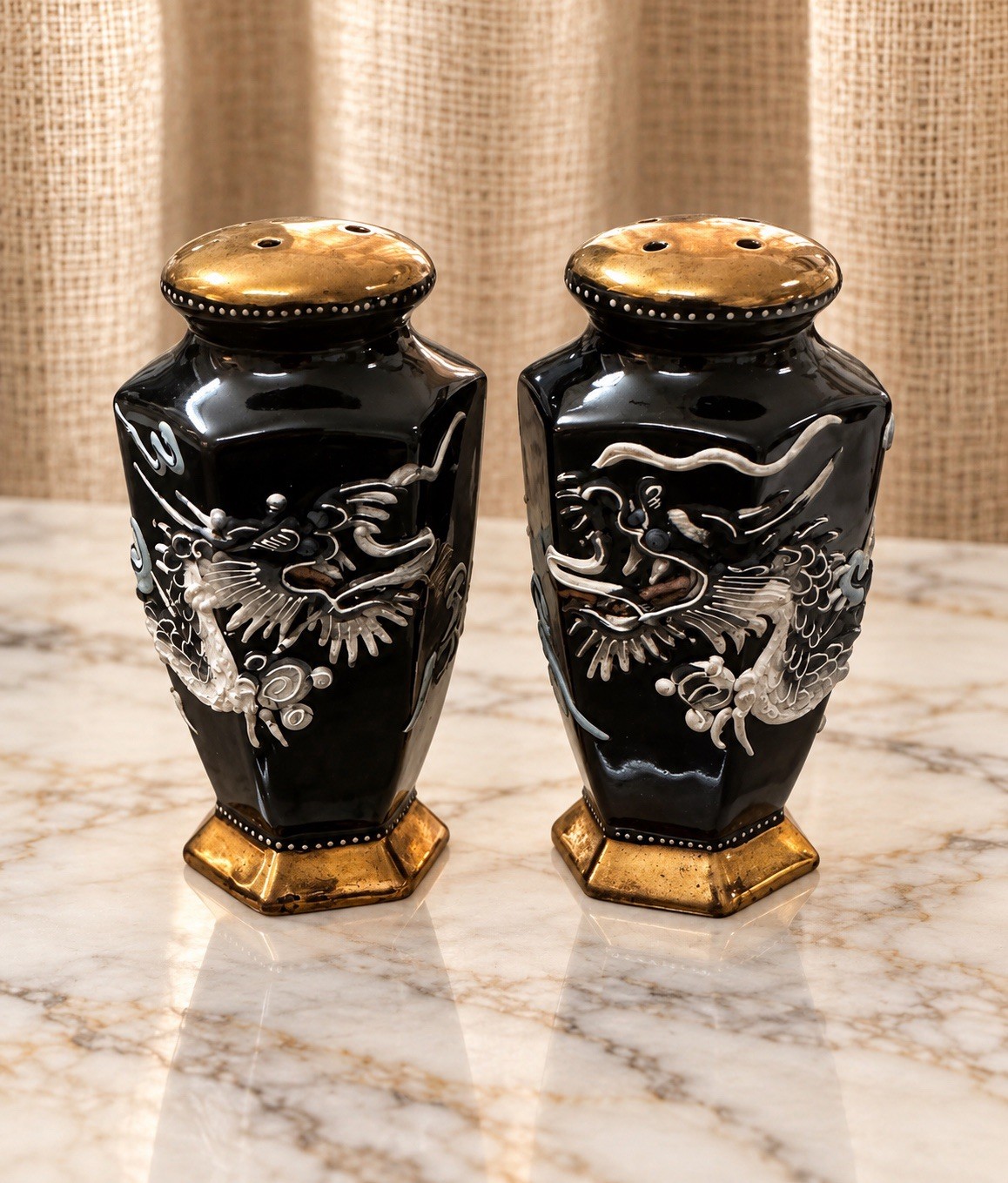 Vintage 1940 - 1960 moriage dragon ware salt and pepper shakers, black and gold