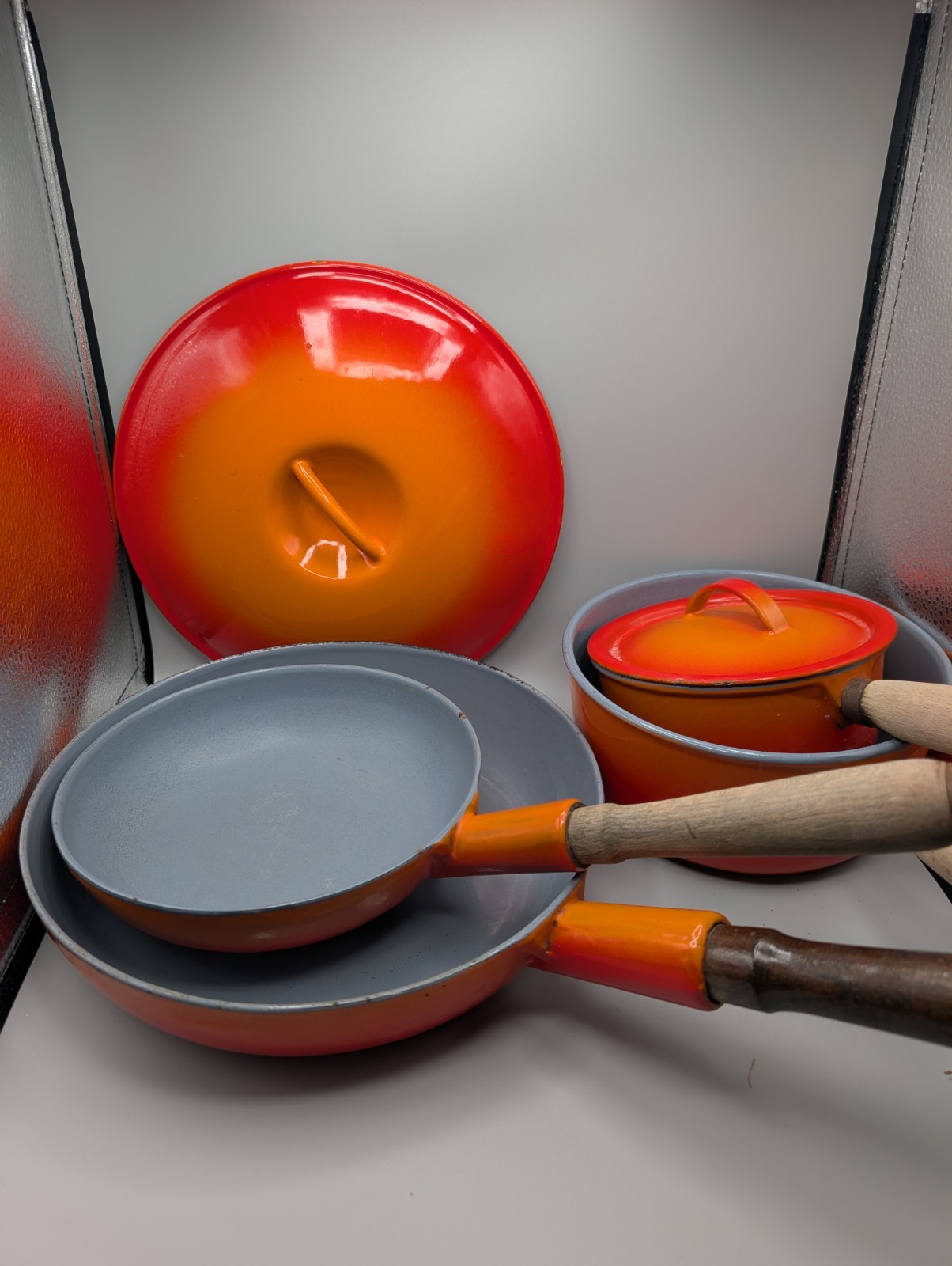 Vintage Descoware Flame Orange Enameled Cast Iron Cookware Set Lot of 4 w/ Lids