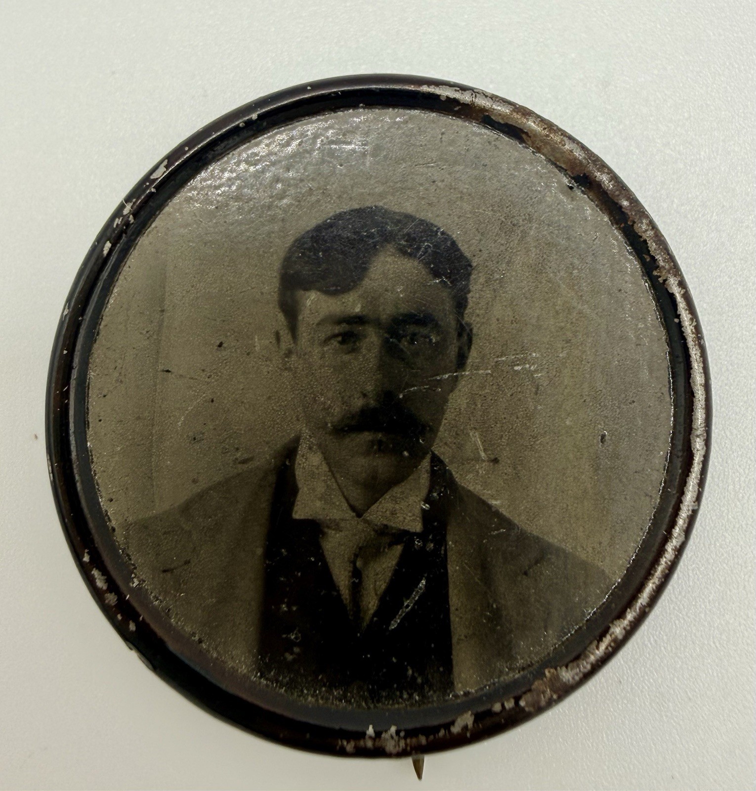 Antique 1898 Photo Button Brooch Pin Man Mustache Mrs. L.A. Marshall MA 31mm