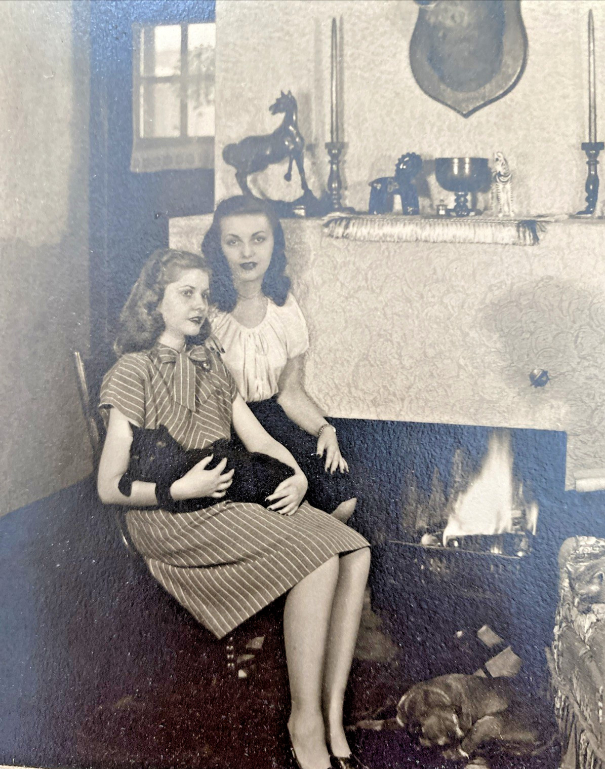1940 Vintage Estate Family Photo Portrait with Black Cat Dog Pet Fireplace