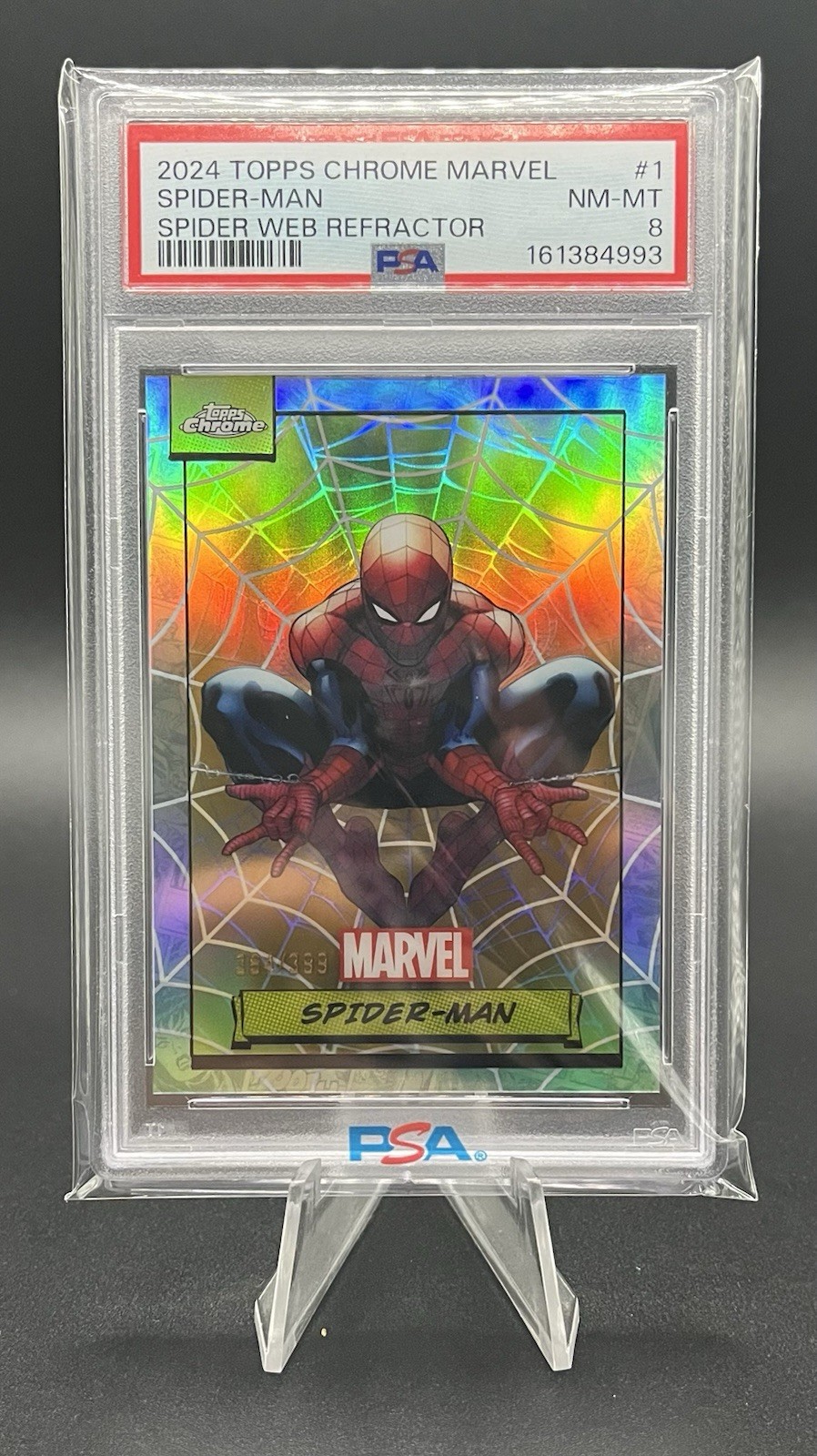 Spider-Man 2024 Topps Chrome Marvel Web Refractor /399 #1 PSA 8