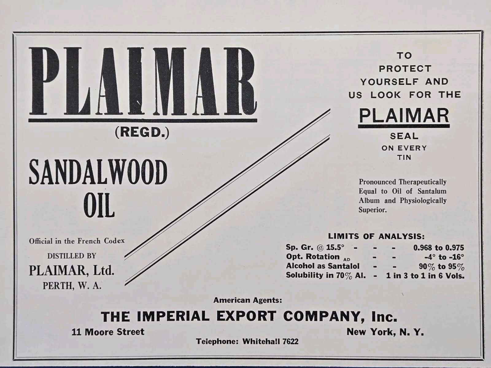 Plaimar Ltd Sandalwood Oil Perth Western Australia Vintage Print Ad 1931