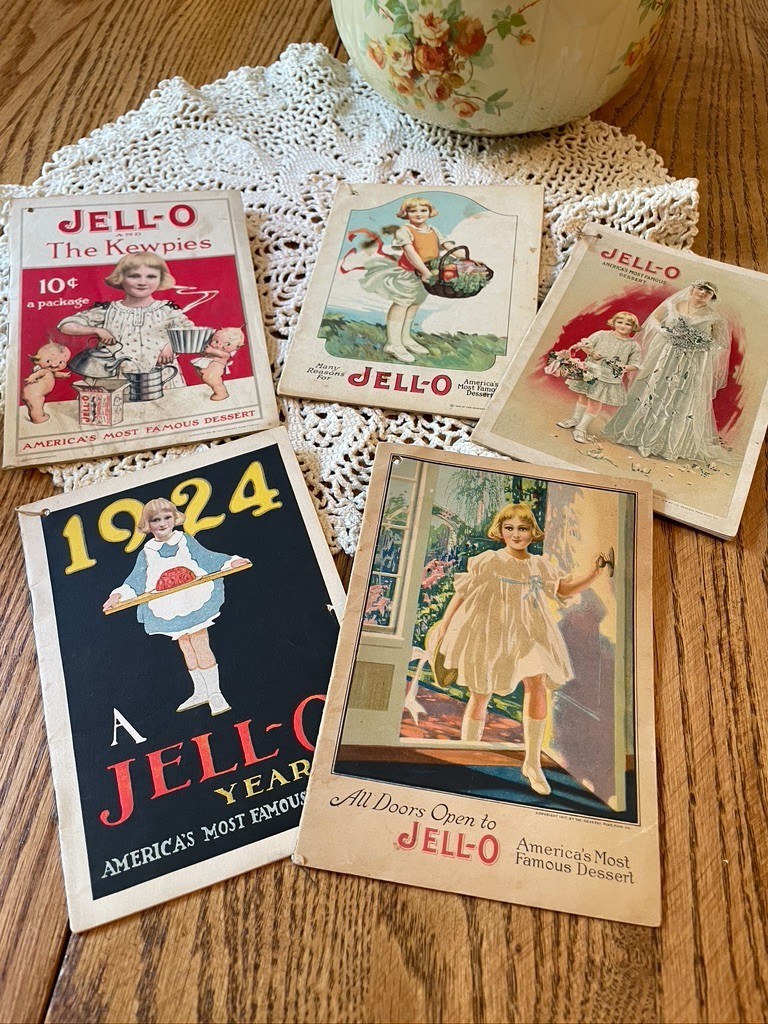 Five Antique 1920’s Jello Advertising Booklets Inserts Recipes Rose O’Neill Five Antique 1920’s Jello Advertising Booklets Inserts Recipes Rose O’Neill