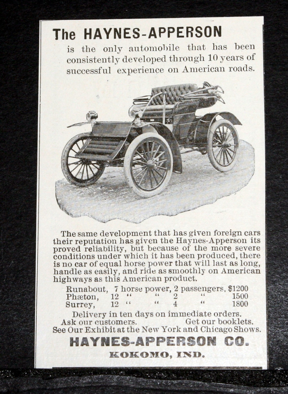 1903 OLD MAGAZINE PRINT AD, THE HAYNES-APPERSON RUNABOUT, 7 H.P, TWO PASSENGERS