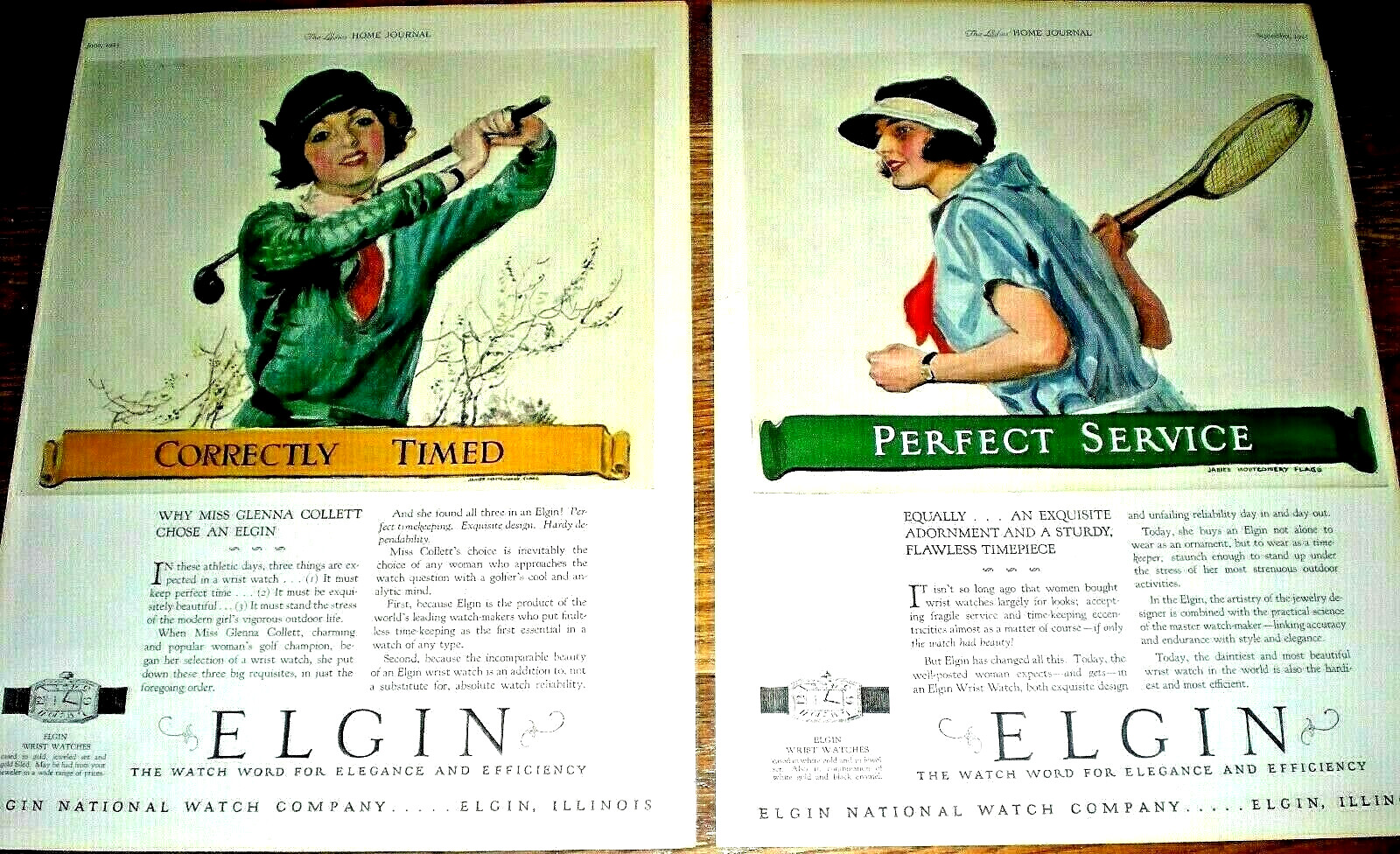 PAIR of 1925 ELGIN WATCH ADS ~ JAMES MONTGOMERY FLAGG ARTWORK ~ GOLF & TENNIS PAIR of 1925 ELGIN WATCH ADS ~ JAMES MONTGOMERY FLAGG ARTWORK ~ GOLF & TENNIS