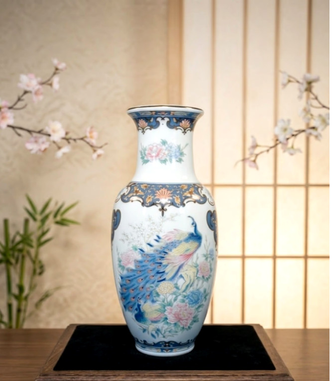 Vintage Japanese 1960’s Peacock & Peonies 8.5 inch Porcelain Vase