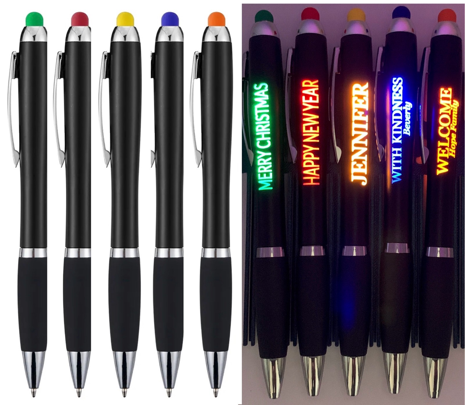 Set of 5 Personalized Ballpoint Pens Custom Engraved LED Light Stylus Gift Party